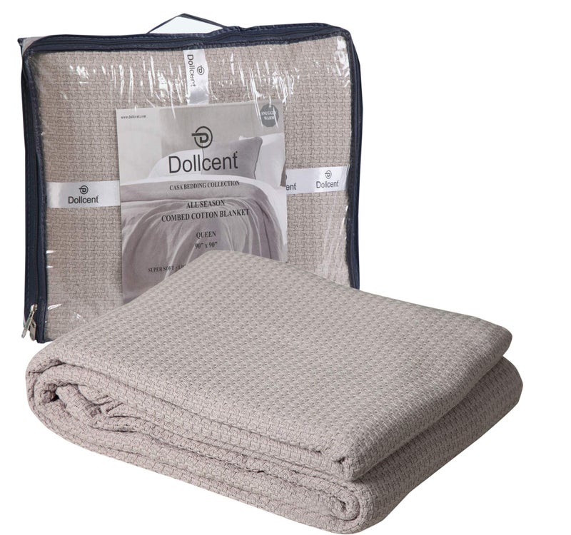 DOLLCENT 100% Soft Premium Combed Cotton Thermal Blanketâ€“ Queen Blanketâ€“ Soft Cozy Warm Cotton Blanketâ€“ Bed Throw Blanketâ€“ Queen Bed Blanketsâ€“ All Season Cotton Blanketsâ€“ Sand Queen Cotton Blankets - Image 1